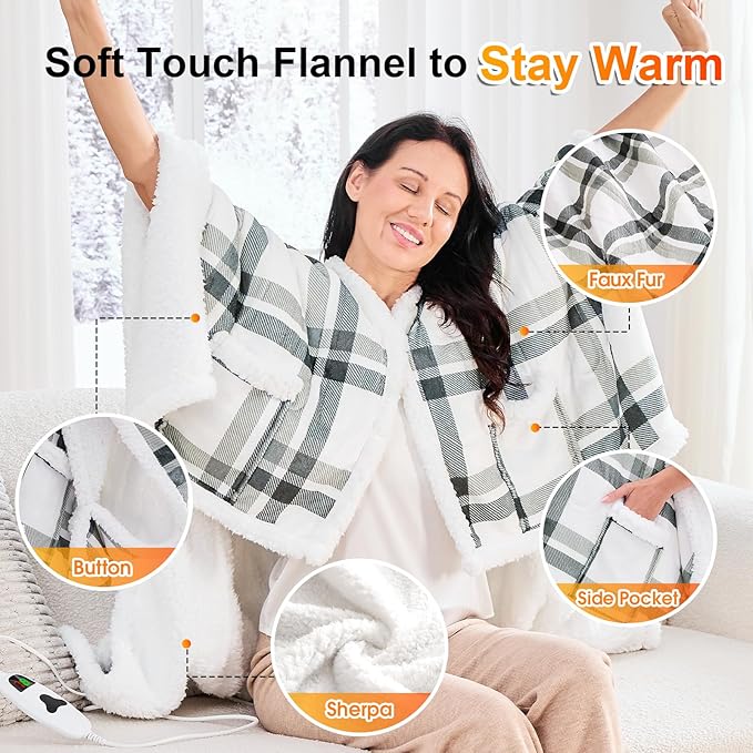 Wearable Heated Throw Blanket Electric Shawl - Heated Robe Poncho Blanket Hoodie for Adult, Winter Gifts for Mom Women Girlfriend Grandma 5-Position Timer 10-Heating Levels,Grey Plaid