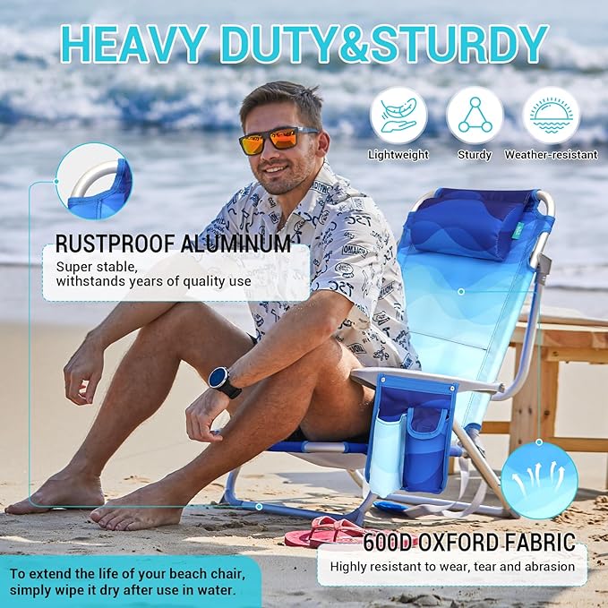 #WEJOY Folding Beach Chair for Adults, 4-Position Aluminum Lightweight Beach Chair, Low Sands Chairs with Shoulder Strap, Cup Holder and Padded Headrest, Supports 265lbs for Lawn
