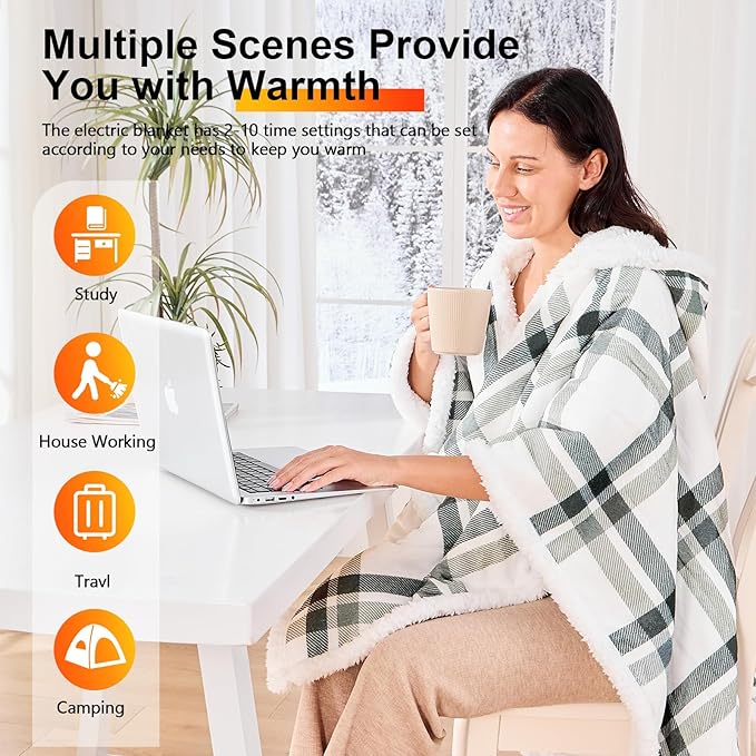 Wearable Heated Throw Blanket Electric Shawl - Heated Robe Poncho Blanket Hoodie for Adult, Winter Gifts for Mom Women Girlfriend Grandma 5-Position Timer 10-Heating Levels,Grey Plaid