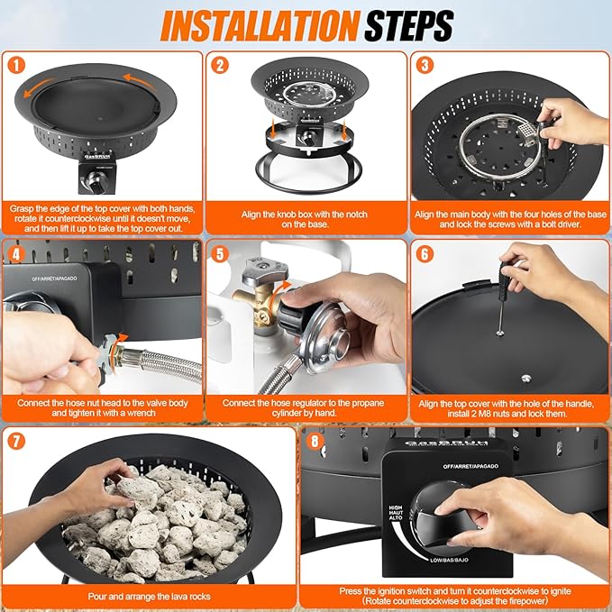 Outdoor Portable Propane Fire Pit, 19-Inch,60,000 BTU with Cover&Carry Handle,Fireplace,Gas Firebowl Smokeless,Portable Fire Pit for Outside Patio, Backyard, Camping,RV,Deck,Tailgating