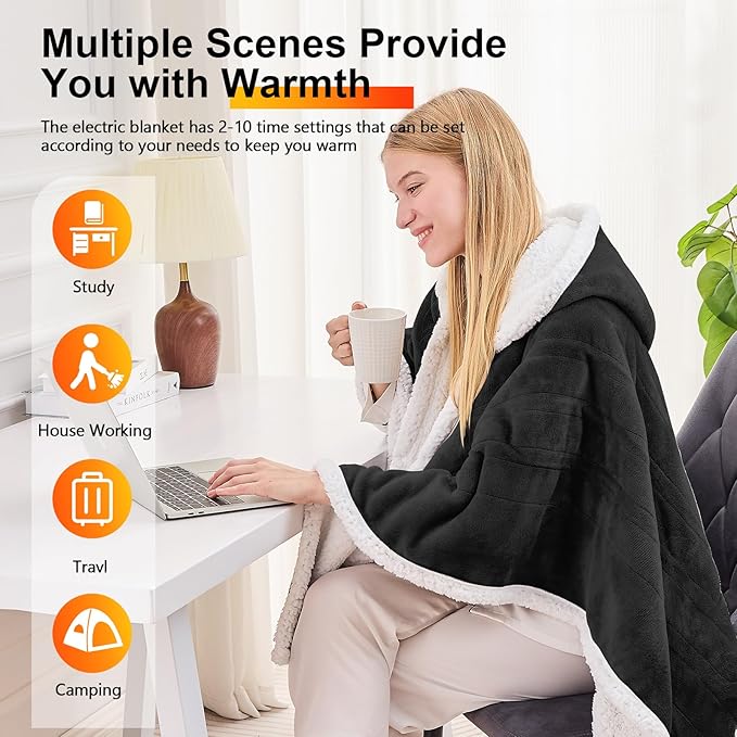 Wearable Heated Throw Blanket Electric Shawl - Heated Robe Poncho Blanket Hoodie for Adult, Winter Gifts for Mom Women Girlfriend Grandma 5-Position Timer 10-Heating Levels,Black