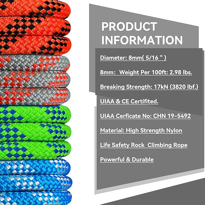 SEAMUS 8mm Prusik Accessory Cord 30M (100ft) UIAA Rock Climbing Rope 14Kn High Tensile Strength Rock Climbing Accessories Cord Double Braid Nylon Cord for Mountain Tree Climbing,Fire Rescue