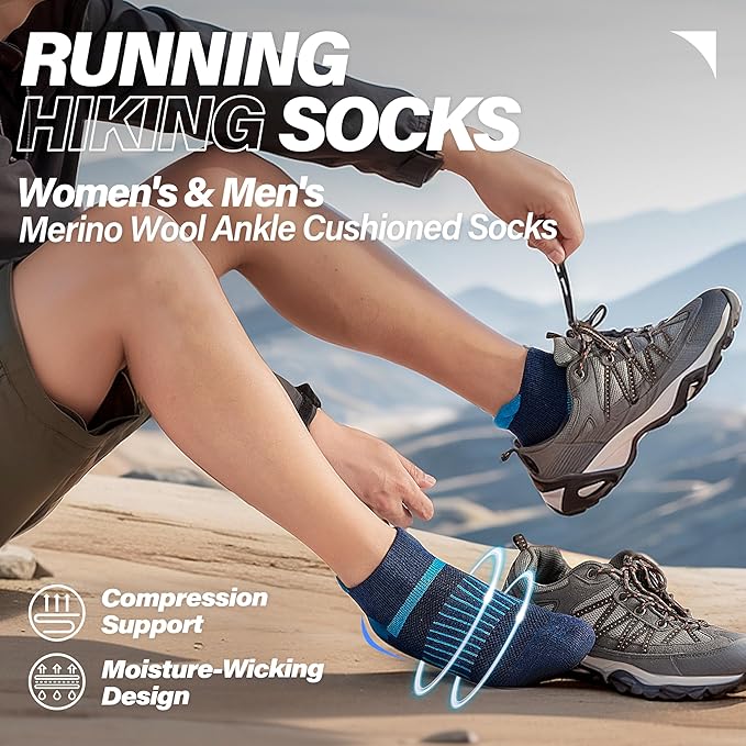 6 Pairs Merino Wool Ankle Running Hiking Socks Compression Support Breathable Thick Cushion No Show Socks for Women Men
