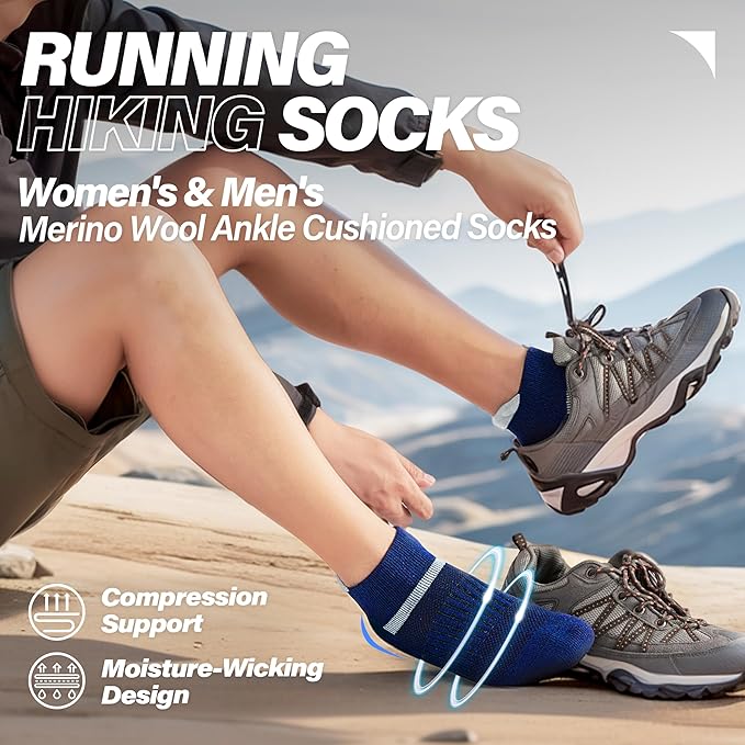 6 Pairs Merino Wool Ankle Running Hiking Socks Compression Support Breathable Thick Cushion No Show Socks for Women Men