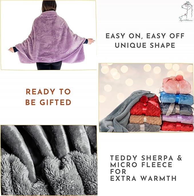 Premium Double Layer Wearable Blanket for Women - Drape and Go No Sleeves- Shawl Wrap with Pockets - Grandma Mom Gifts for Her (Velvet Lavender)