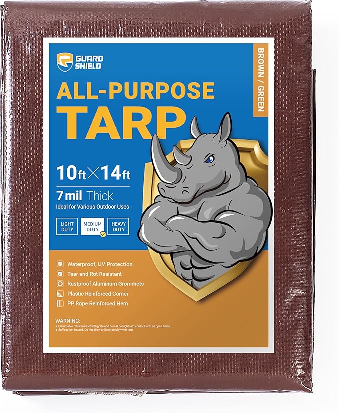 GUARD SHIELD Brown/Green Tarp 10x14 Feet Medium Duty Outdoor Waterproof Multi Purpose Poly Tarps Cover 7mil