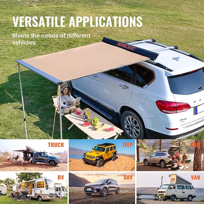 VEVOR Vehicle Awning 4.6'x6.6' Roof Rack Pull-Out Sun Shade UV50+ PU3000mm, Retractable Weatherproof 4x4 Side Awning for SUV Outdoor Camping & Overland (Hardware Included), w/Waterproof Storage Bag