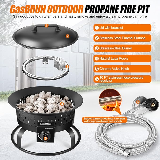Outdoor Portable Propane Fire Pit, 19-Inch,60,000 BTU with Cover&Carry Handle,Fireplace,Gas Firebowl Smokeless,Portable Fire Pit for Outside Patio, Backyard, Camping,RV,Deck,Tailgating
