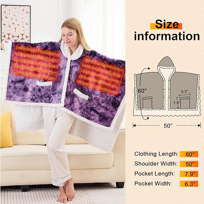 Wearable Heated Throw Blanket Electric Shawl - Heated Robe Poncho Blanket Hoodie for Adult, Winter Gifts for Mom Women Girlfriend Grandma 5-Position Timer 10-Heating Levels.Tie Purple