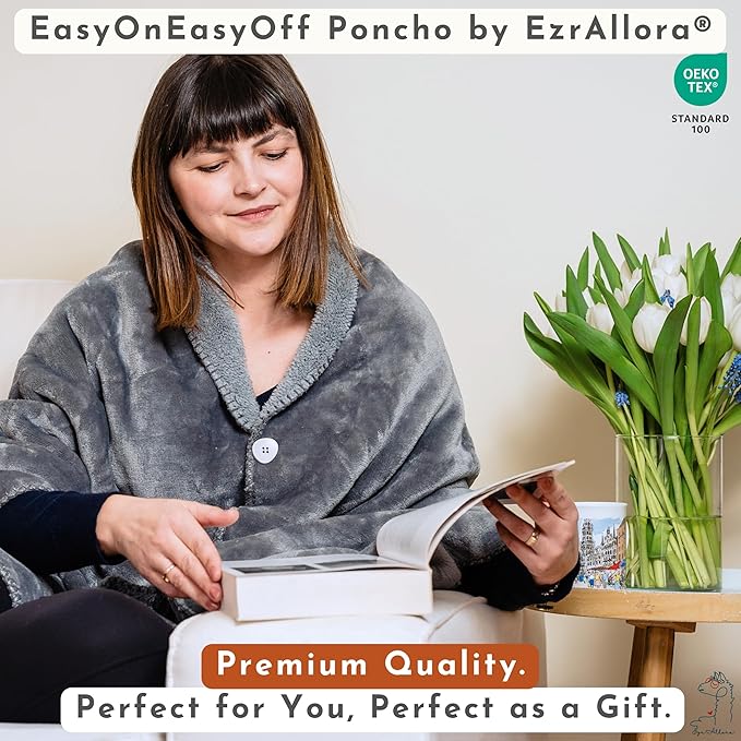 Premium Double Layer Poncho Blanket -No Sleeves Easy On Easy Off- Drape and Go Shawl Gift for Women Who Have Everything - Gifts for Grandma and Mom (Silver Grey)