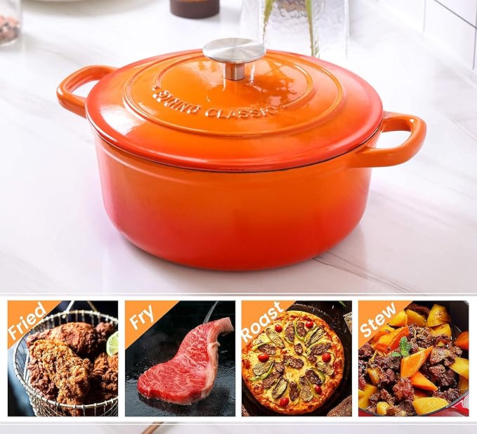 Enameled Cast Iron Dutch Oven, 5.5 Quart, Round Cast Dutch Ovens Pot with Lid Dual Handle for Bread Baking, Oven Safe up to 500°F, Orange