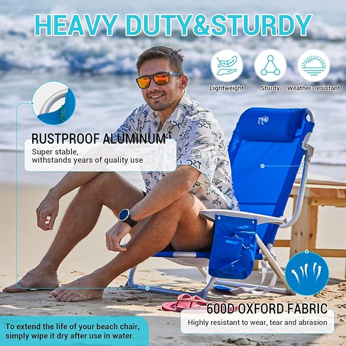 #WEJOY Folding Beach Chair for Adults, 4-Position Aluminum Lightweight Beach Chair, Low Sands Chairs with Shoulder Strap, Cup Holder and Padded Headrest, Supports 265lbs for Lawn