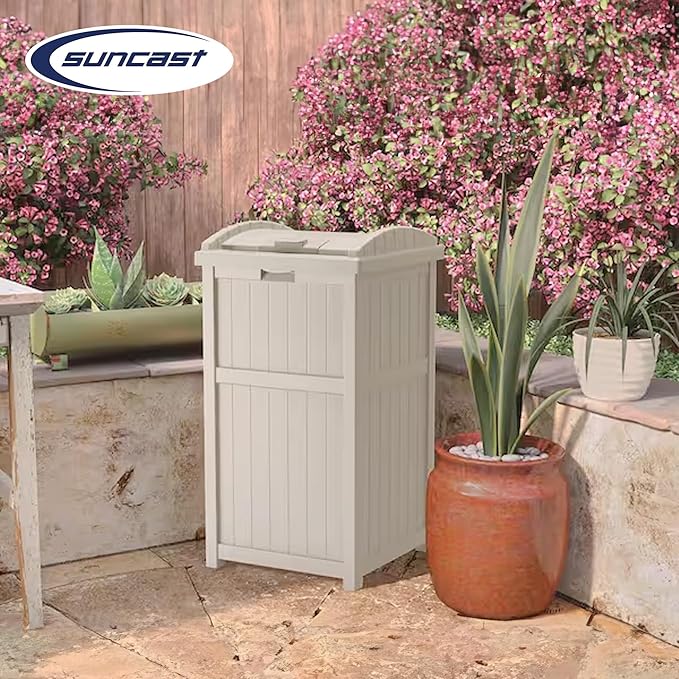 Suncast 2 Pack 15.75" x 16" x 31.6" Trash Hideaway 33 Gallon Resin Outdoor Commercial Garbage Container with Lid for Backyard, Deck, or Patio in Taupe