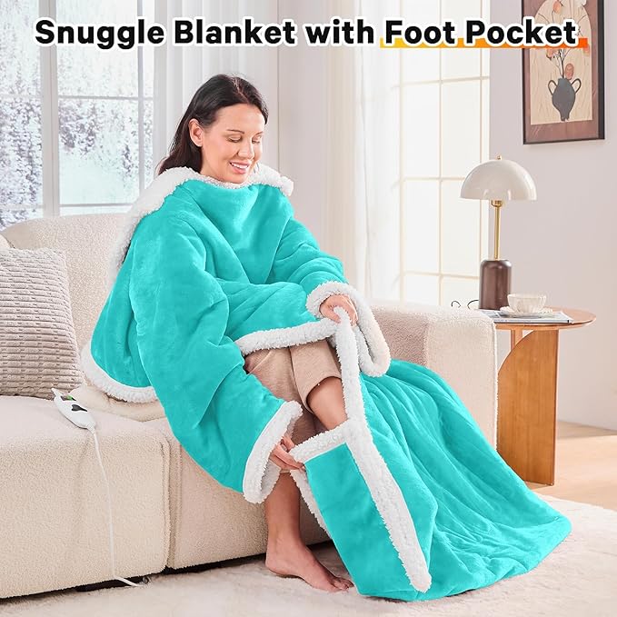 greenoak Wearable Heated Throw Blanket Electric Snuggle - Heated Robe with Foot Pocket for Adult, Winter Gifts for Mom Women 5-Position Timer 10-Heating Levels,50 * 70",Turquoise