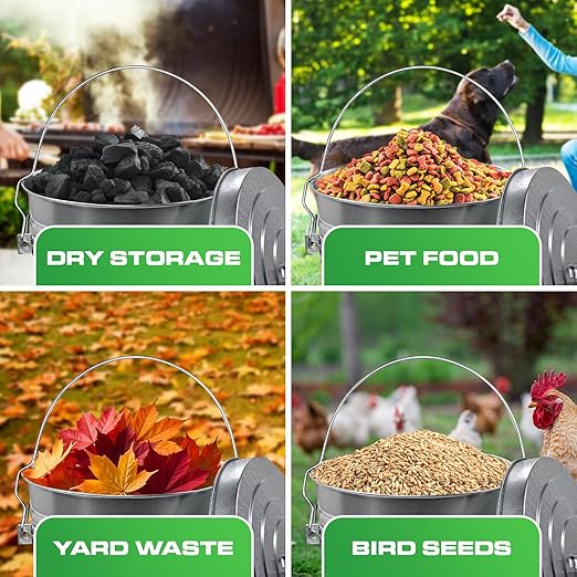 Plexon Metal Trash Can with Locking Lid Outdoor Storage Bucket for Bird Seed Ash 6-Gallon Galvanized Steel 2 Pack