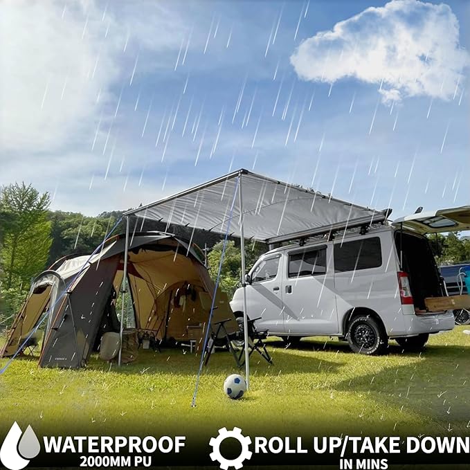 DANCHEL OUTDOOR Car Awning 6.5x6.5ft Roof Rack Pull-Out Sun Shelter Canopy, Waterproof 4x4 Vehicle Side Overland Awning Camping, Gray