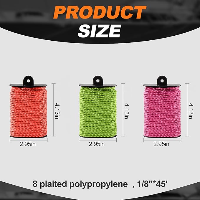 Utility Cord Diamond Braided 1/8" x45' Polypropylene Rope (30lbs) Heavy Duty General Purpose Rope for Marine,Camping,Household,Fishing,DIY (Pink Green,Orange)
