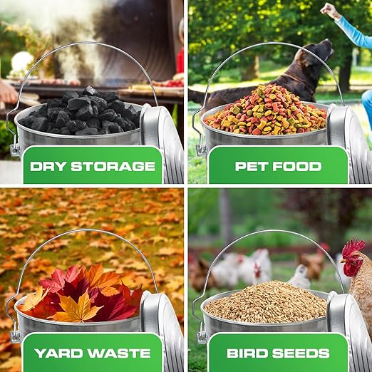 Plexon Silver 10 Gallon Trash Can with Lid Galvanized Steel Stylish Metal Trash Bin Outdoor for Kitchen, Patio, and Camping