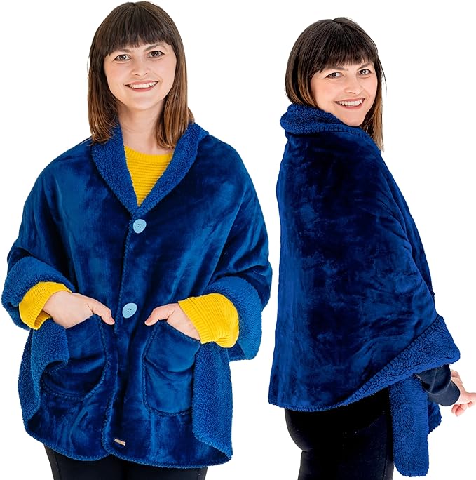 Premium Double Layer Poncho Blanket for Women -Drape and Go No Sleeves- Sherpa Fleece Shawl with Pockets - Wearable Blanket - Gifts for Her Mom and Grandma (Blue)