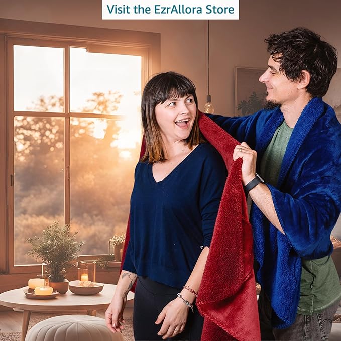 Premium Double Layer Poncho Blanket for Women -Drape and Go No Sleeves- Sherpa Fleece Shawl with Pockets - Wearable Blanket - Gifts for Her Mom and Grandma (Blue)