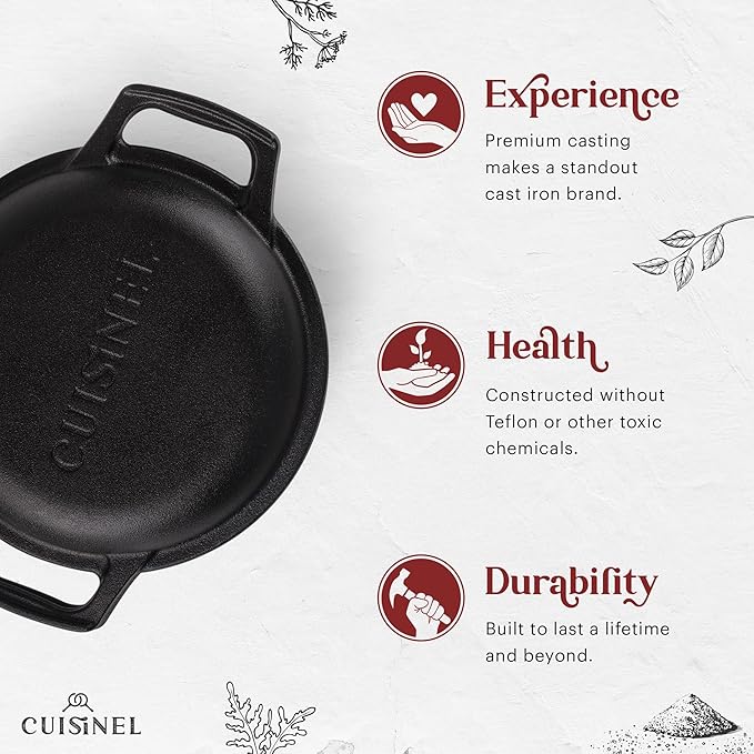 Cuisinel Cast Iron Dutch Oven - 3-Quart Deep Pot - Pre-Seasoned 2-in-1 Multi-Cooker - Combo Lid Doubles as 8"-inch Skillet Frying Pan + Silicone Handle Covers + Scraper - Use for Baking Bread