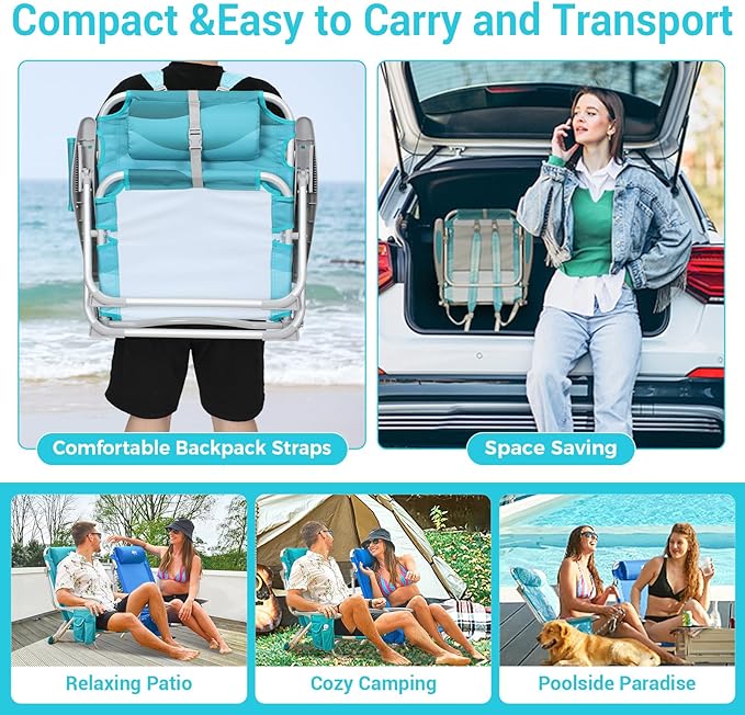 #WEJOY Folding Beach Chair for Adults, 4-Position Aluminum Lightweight Beach Chair, Low Sands Chairs with Shoulder Strap, Cup Holder and Padded Headrest, Supports 265lbs for Lawn