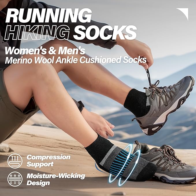 6 Pairs Merino Wool Ankle Running Hiking Socks Compression Support Breathable Thick Cushion No Show Socks for Women Men