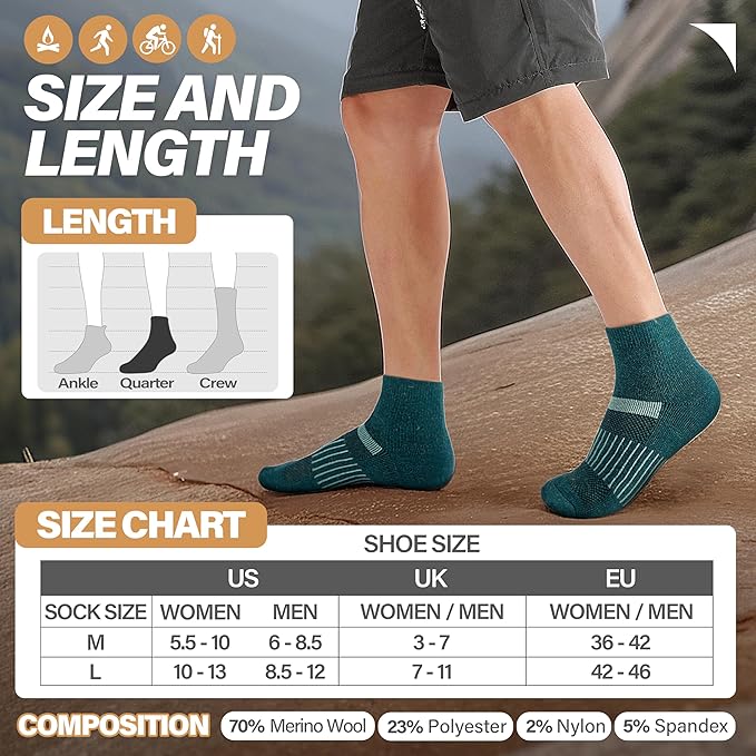 6 Pairs Merino Wool Ankle Running Hiking Socks Compression Support Breathable Thick Cushion No Show Socks for Women Men