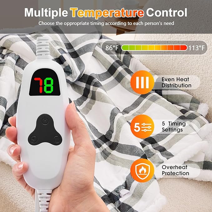 Wearable Heated Throw Blanket Electric Shawl - Heated Robe Poncho Blanket Hoodie for Adult, Winter Gifts for Mom Women Girlfriend Grandma 5-Position Timer 10-Heating Levels,Grey Plaid