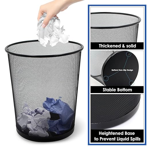 10-Pack 6 Gal Mesh Office Trash Can with 150Pcs Garbage Bags, Black Mesh Trash Cans, Open Metal Wire Wastebaskets, Waste Basket Trash Can for Near Desk, Recycling Garbage Container Bin