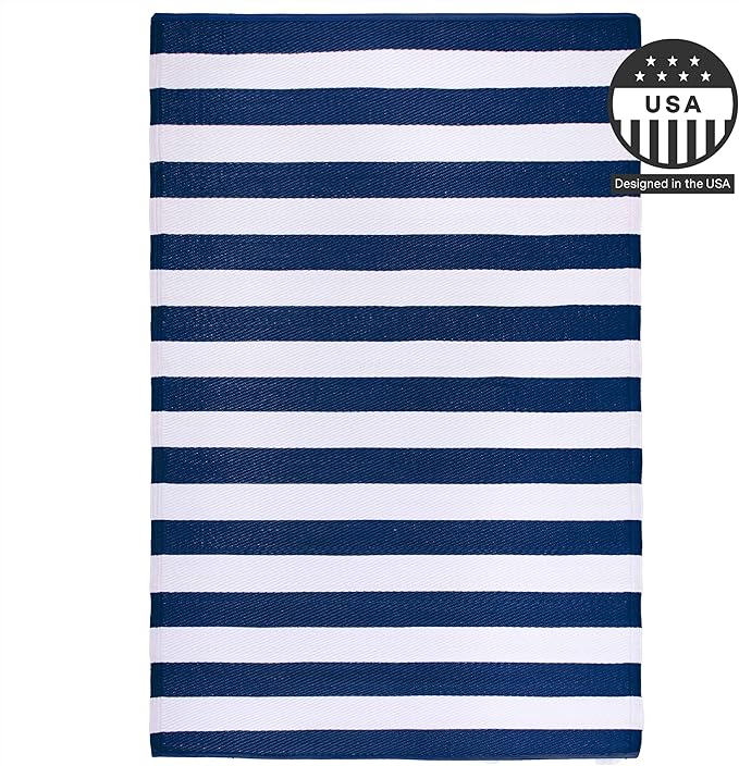 FH Home Outdoor Rug - Waterproof, Fade Resistant, Reversible - Premium Recycled Plastic - Striped - Porch, Deck, Balcony, Mudroom, Laundry Room, Patio - Brittany - Blue & White Crease Free - 3 x 5 ft