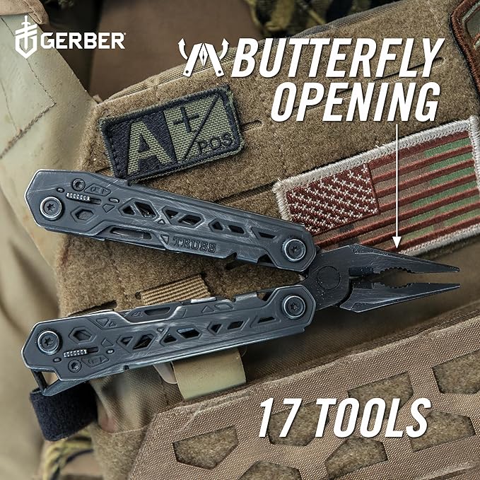 Gerber Gear Truss 17-in-1 Multitool with Pocket Knife and Needle Nose Pliers - Gifts for Men, Compact EDC Gear, Black with Standard Sheath