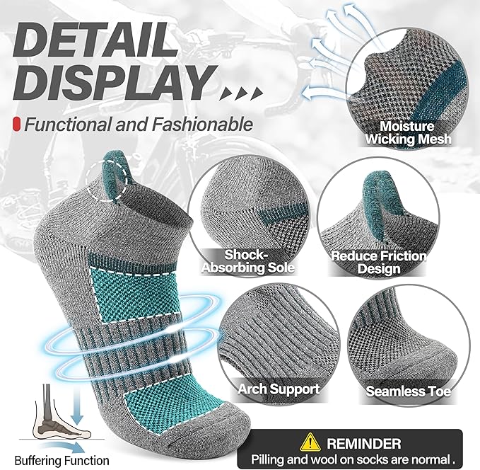 6 Pairs Merino Wool Ankle Running Hiking Socks Compression Support Breathable Thick Cushion No Show Socks for Women Men