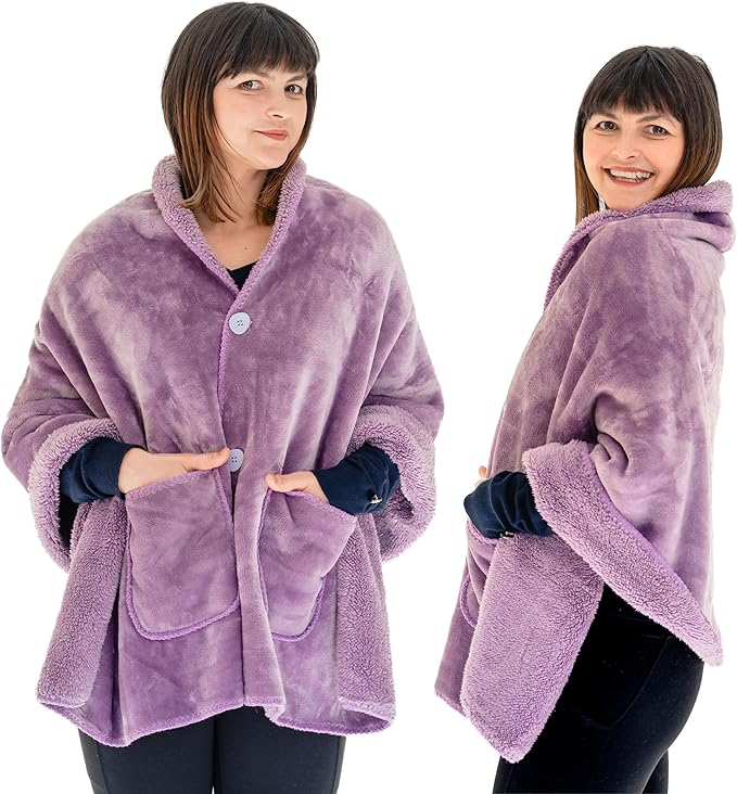 Premium Double Layer Wearable Blanket for Women - Drape and Go No Sleeves- Shawl Wrap with Pockets - Grandma Mom Gifts for Her (Velvet Lavender)
