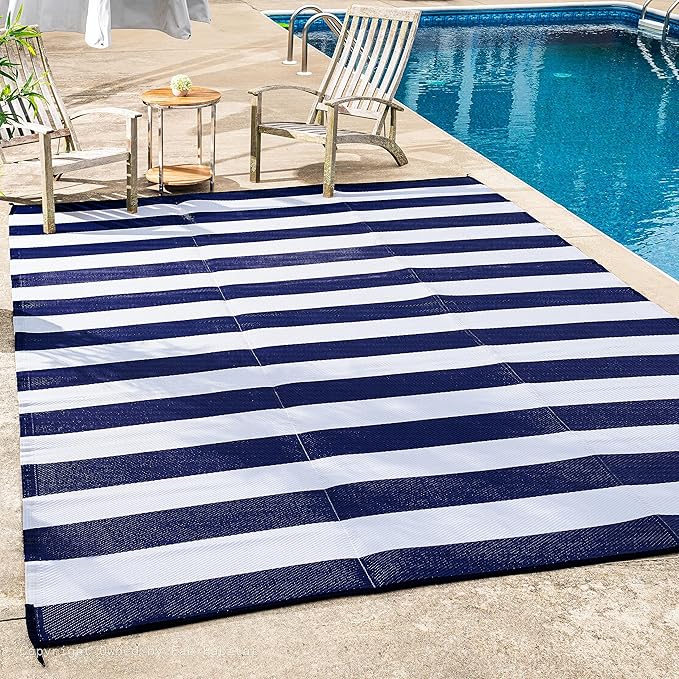 FH Home Outdoor Rug - Waterproof, Fade Resistant, Reversible - Premium Recycled Plastic - Striped - Porch, Deck, Balcony, Mudroom, Laundry Room, Patio - Brittany - Blue & White Crease Free - 3 x 5 ft
