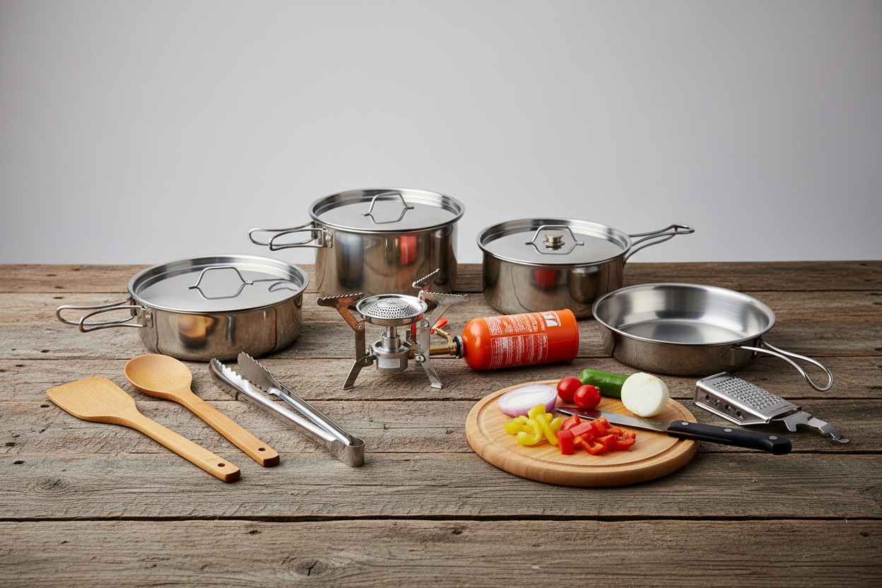 Cooking Equipment – Portable stoves, cookware, utensils, and food-prep tools. (make it real photo)