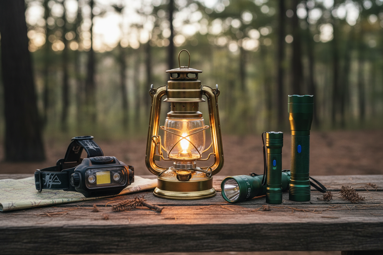 Lighting Essentials – Lanterns, headlamps, and rechargeable flashlights. (make it real photo)
