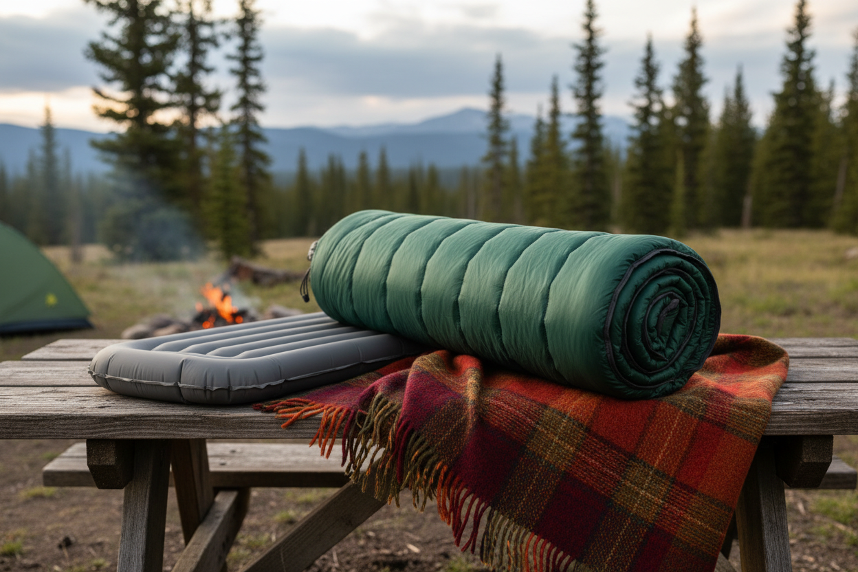 Sleeping Gear – Cozy sleeping bags, insulated pads, and outdoor blankets. (make it real photo)